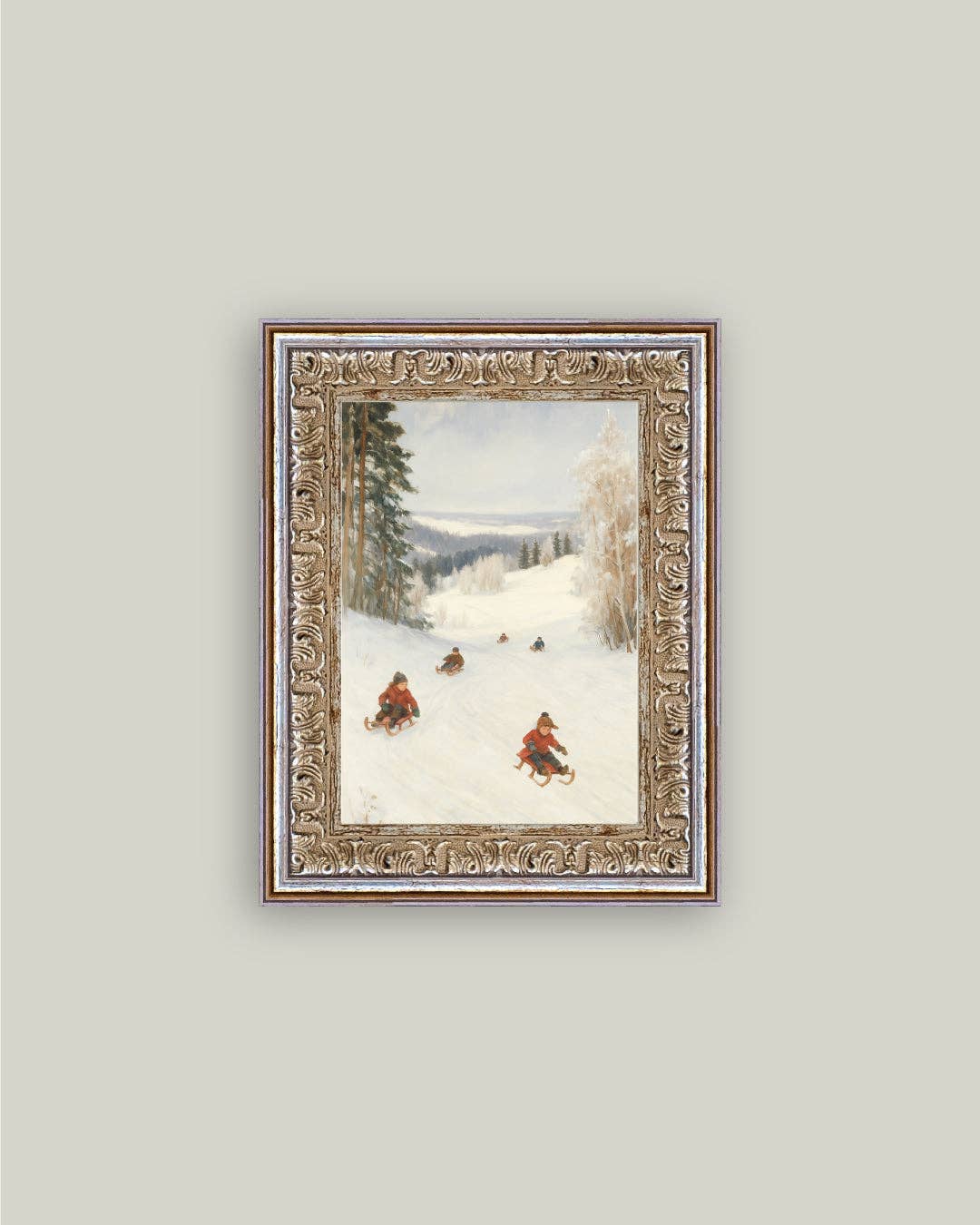 Sledding Hill Framed Antique Art: 5x7