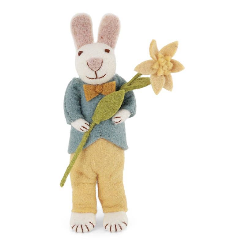 Medium White Boy Bunny w/Blue Jacket & Daffodil