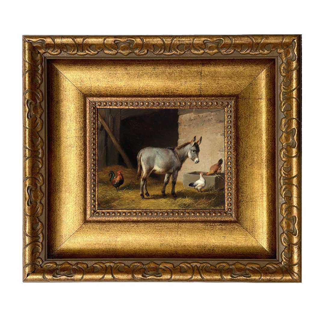 Donkey and Chickens Framed Oil Painting Print on Canvas: Antiqued Gold / 5" x 6"