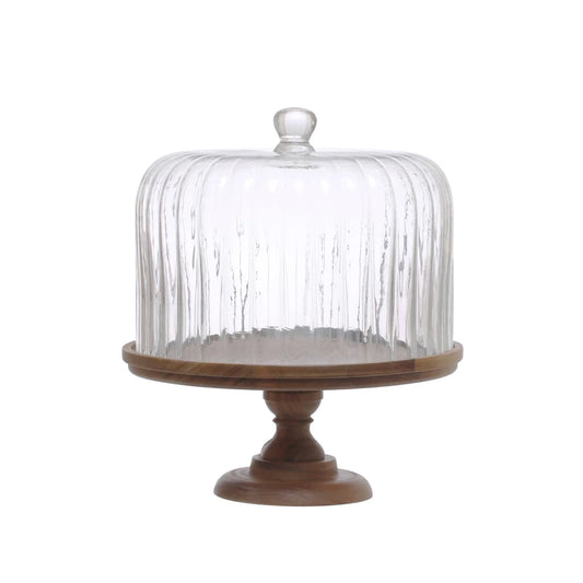 Acacia Wood Pedestal with Fluted Glass Cloche A&B