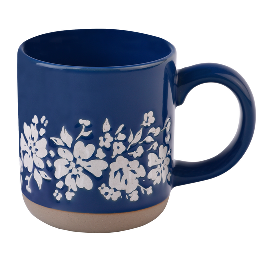 Blue Floral Stoneware Coffee Mug - Spring Home Decor