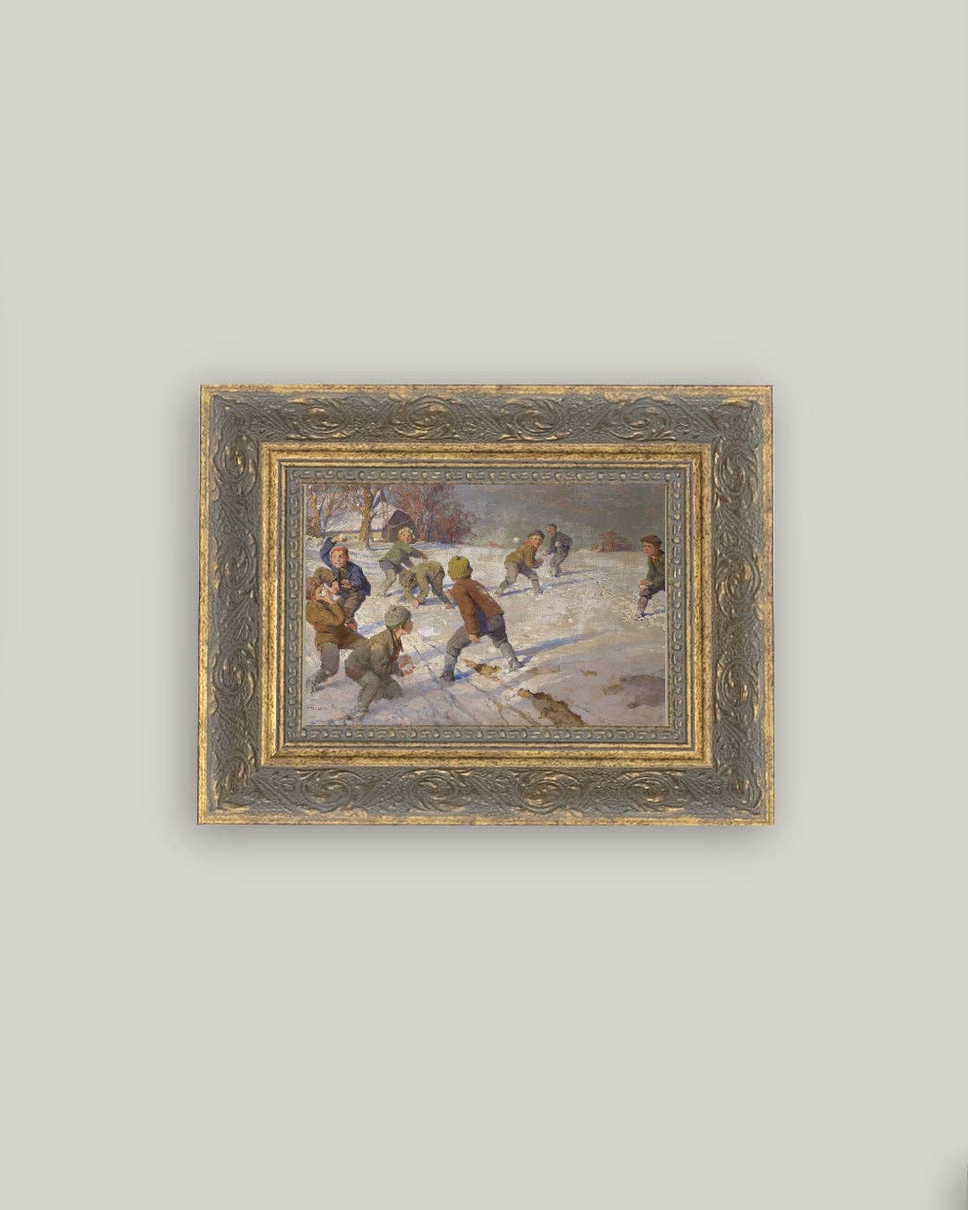 The Snowball Fight Framed Antique Art: 7x5