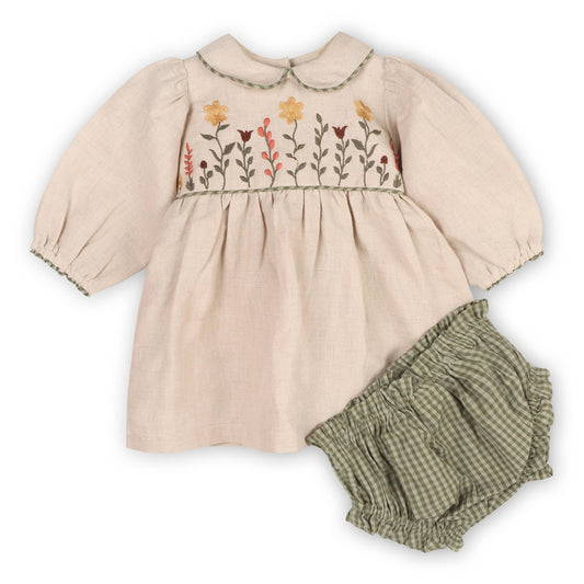 Floral Peter Pan Baby Dress & Fancy Bloomer (Linen Blend)