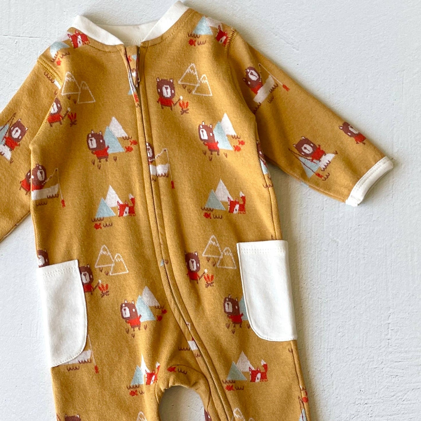 Camping Bear & Fox Zipper Organic Jacquard Baby Jumpsuit: Mustard