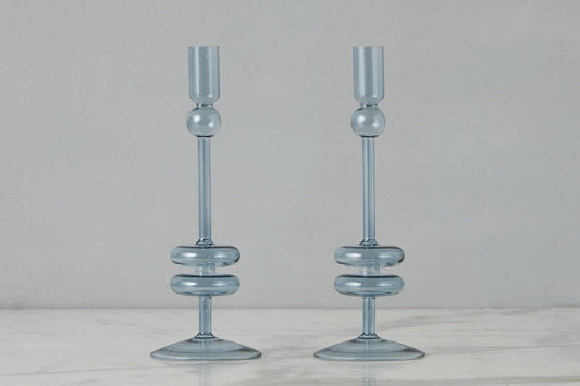 Denim Blue Glass Taper Candlestick Holder Pair, Medium