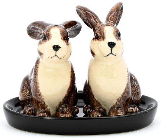 SALT AND PEPPER SHAKER Rabbit & black ceramic tray