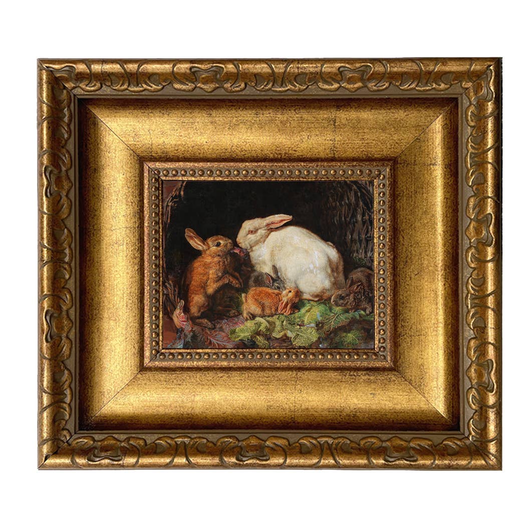 Hares and Young Framed Oil Painting Print on Canvas: Antiqued Gold / 5" x 6"