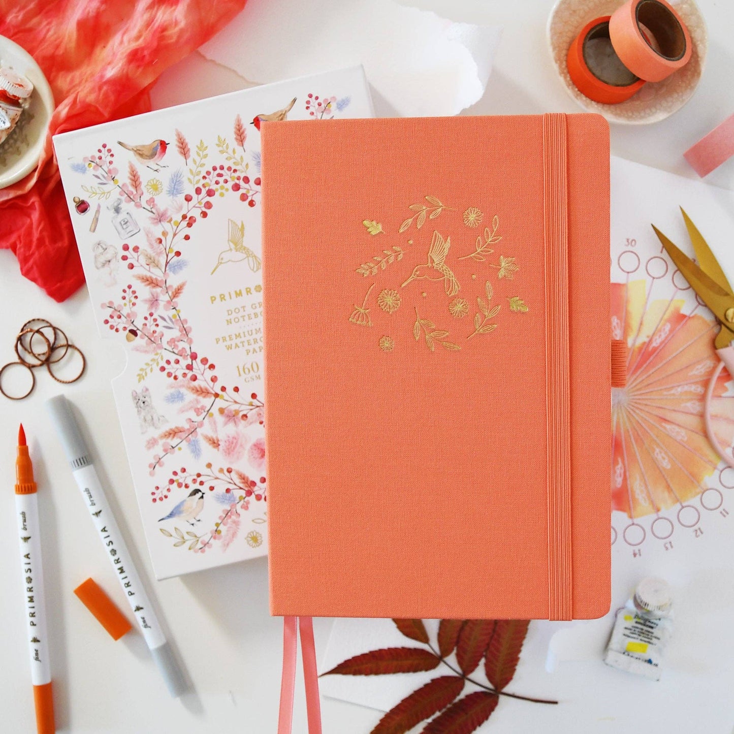 'Hummingbird' Peach  – Watercolor Dot Grid Journal A5