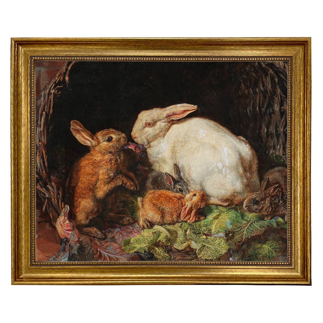 Hares and Young Framed Oil Painting Print on Canvas: Antiqued Gold / 5" x 6"