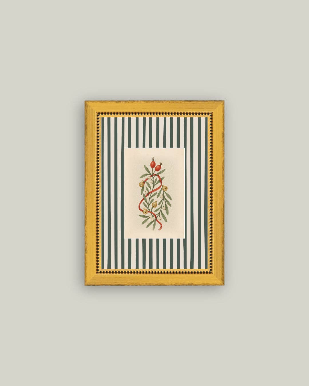 Holly Bells on Stripes Framed Antique Art: 5x7