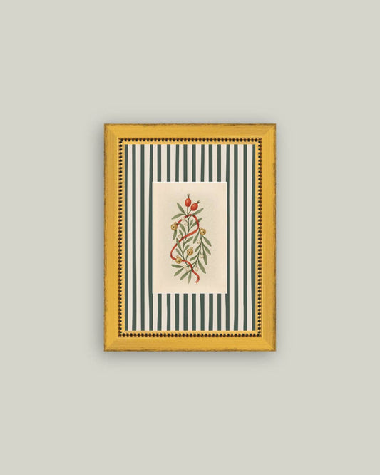 Holly Bells on Stripes Framed Antique Art: 5x7