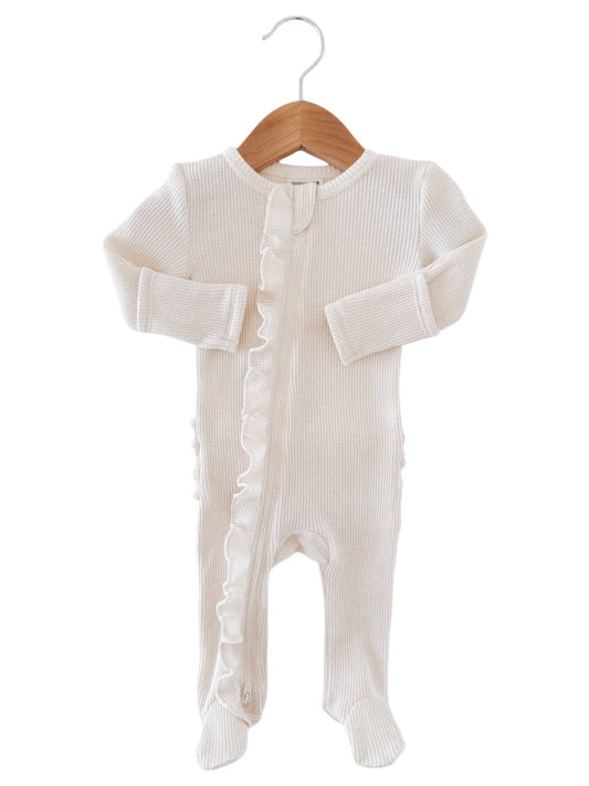 Organic Waffle 2-Way Zip Ruffle Footie, Snow
