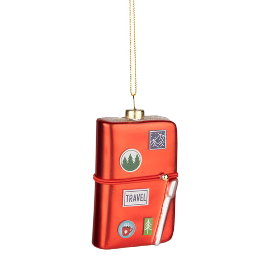 Glass travel journal orn, red, 3in