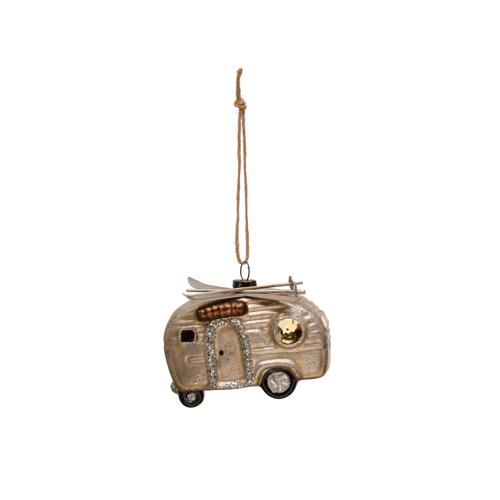 Camper Ornament with Skis & Glitter