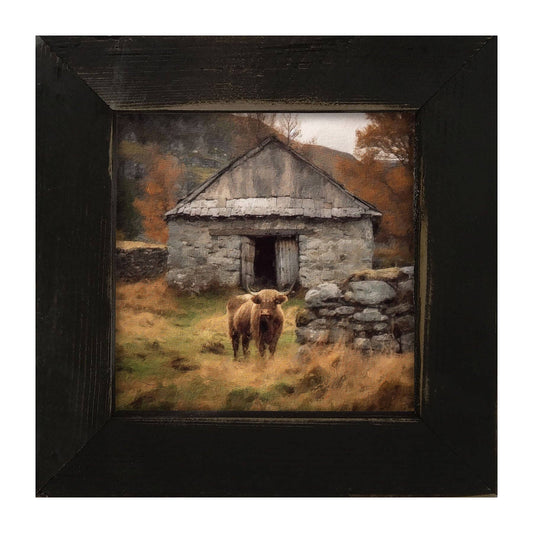 Highland Cow near Stone Wall: Black / Small