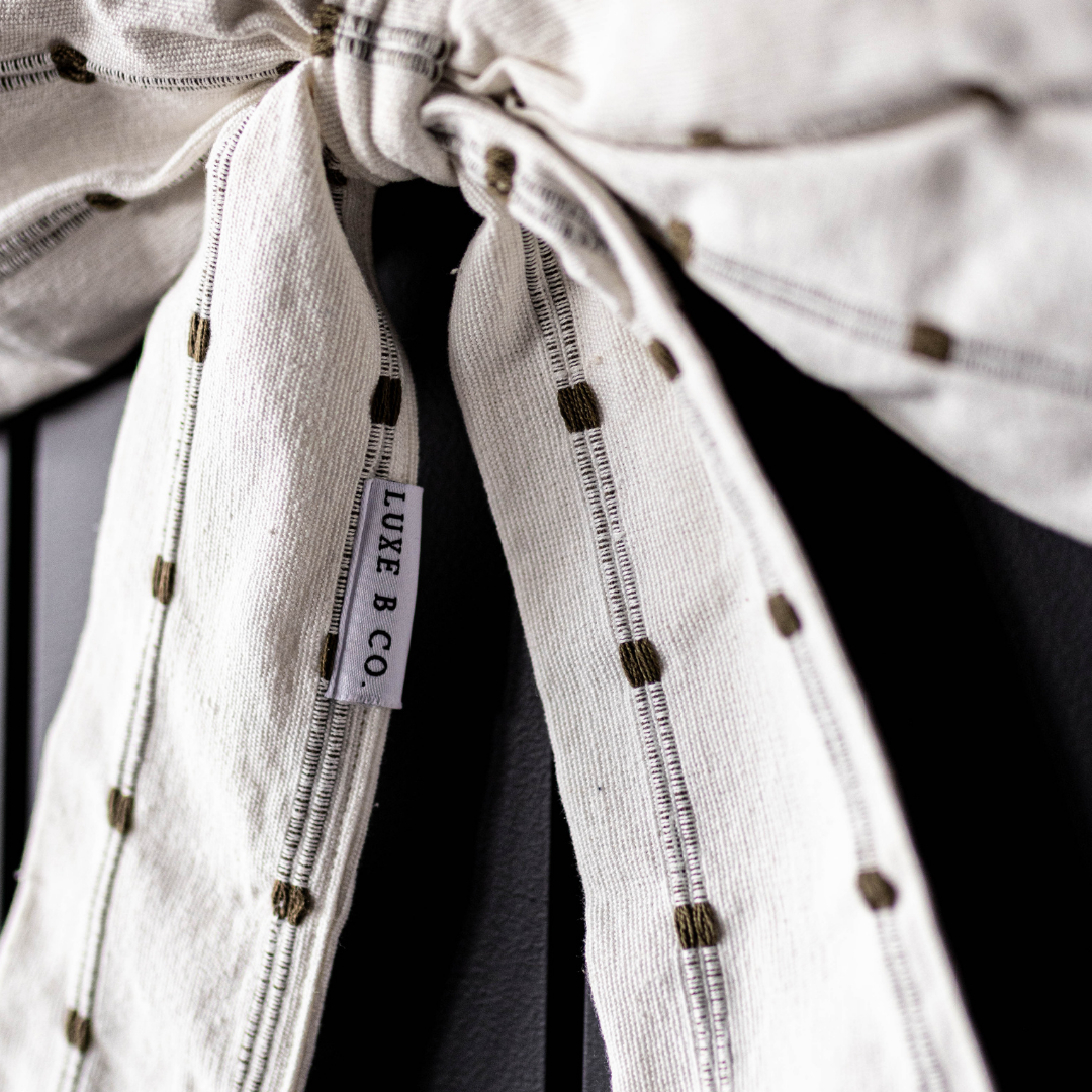 Bow White & Light Green Dotted Striped Embroidery Fabric