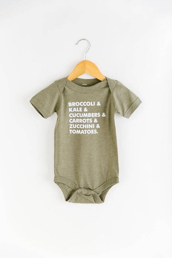 Veggie List Baby Bodysuit Onesie : Heather Olive