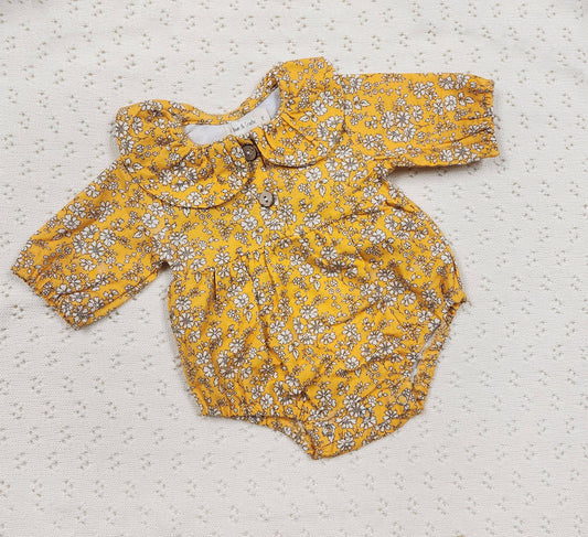 Baby Girls MUSTARD FLORAL Cotton Bubble collar Romper