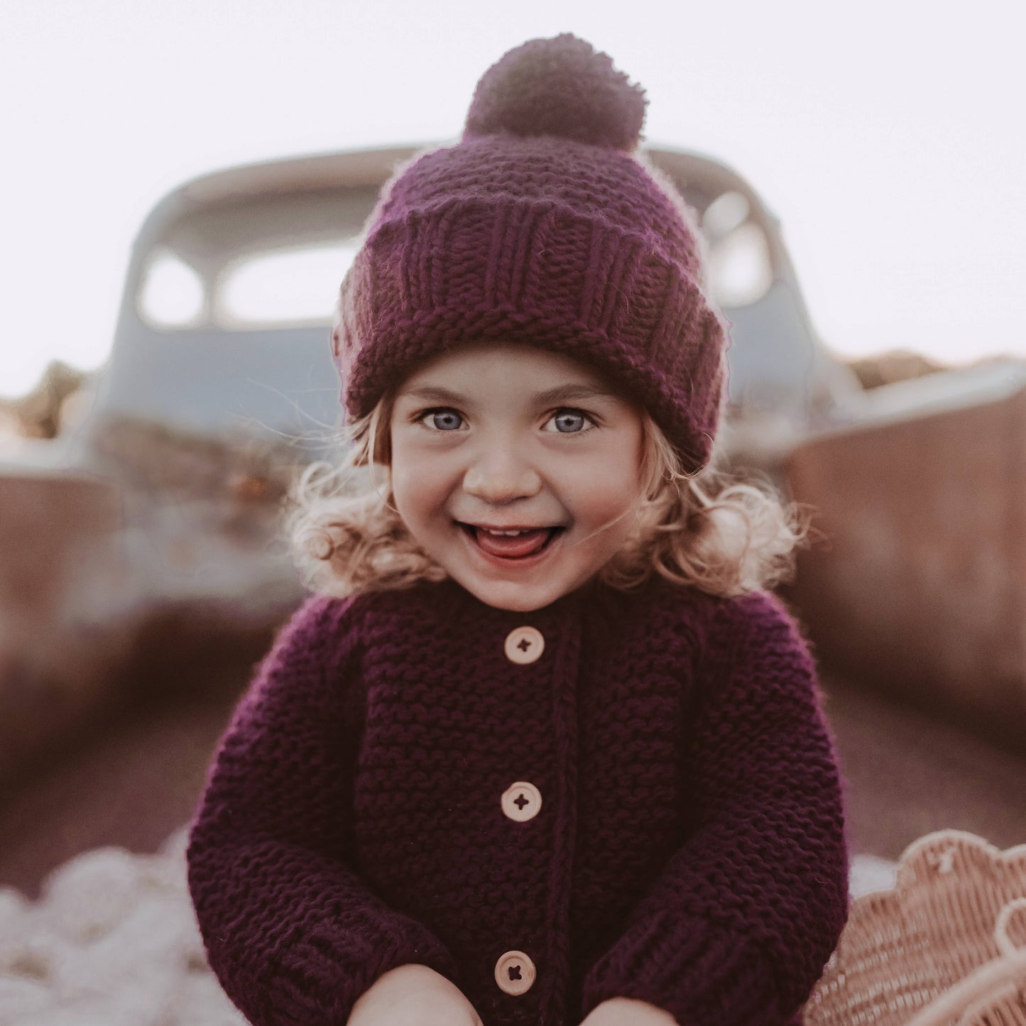 Plum Garter Stitch Beanie Hat - M (6-24 months)