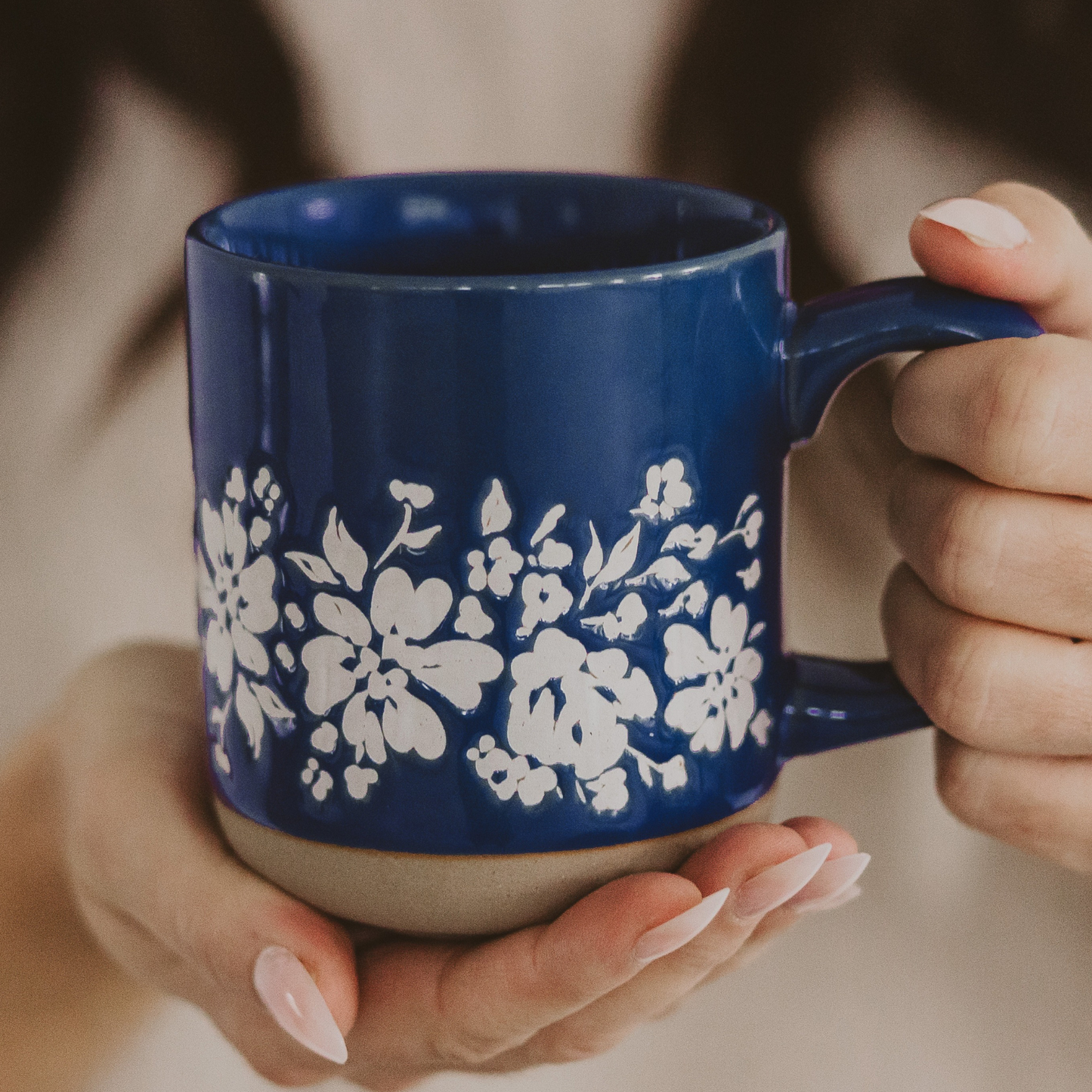 Blue Floral Stoneware Coffee Mug - Spring Home Decor