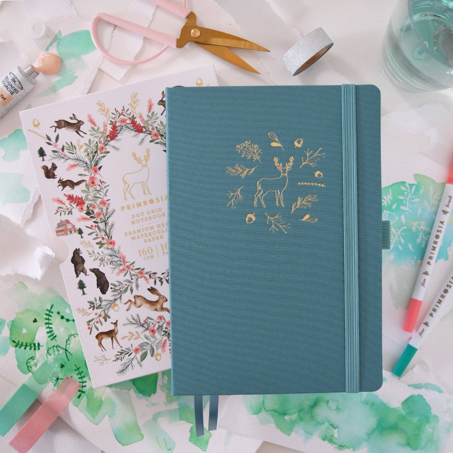 'Deer' Woodlands Teal  – Watercolor Dot Grid Journal A5