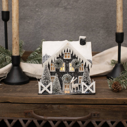 Lighted Black Craftsman House