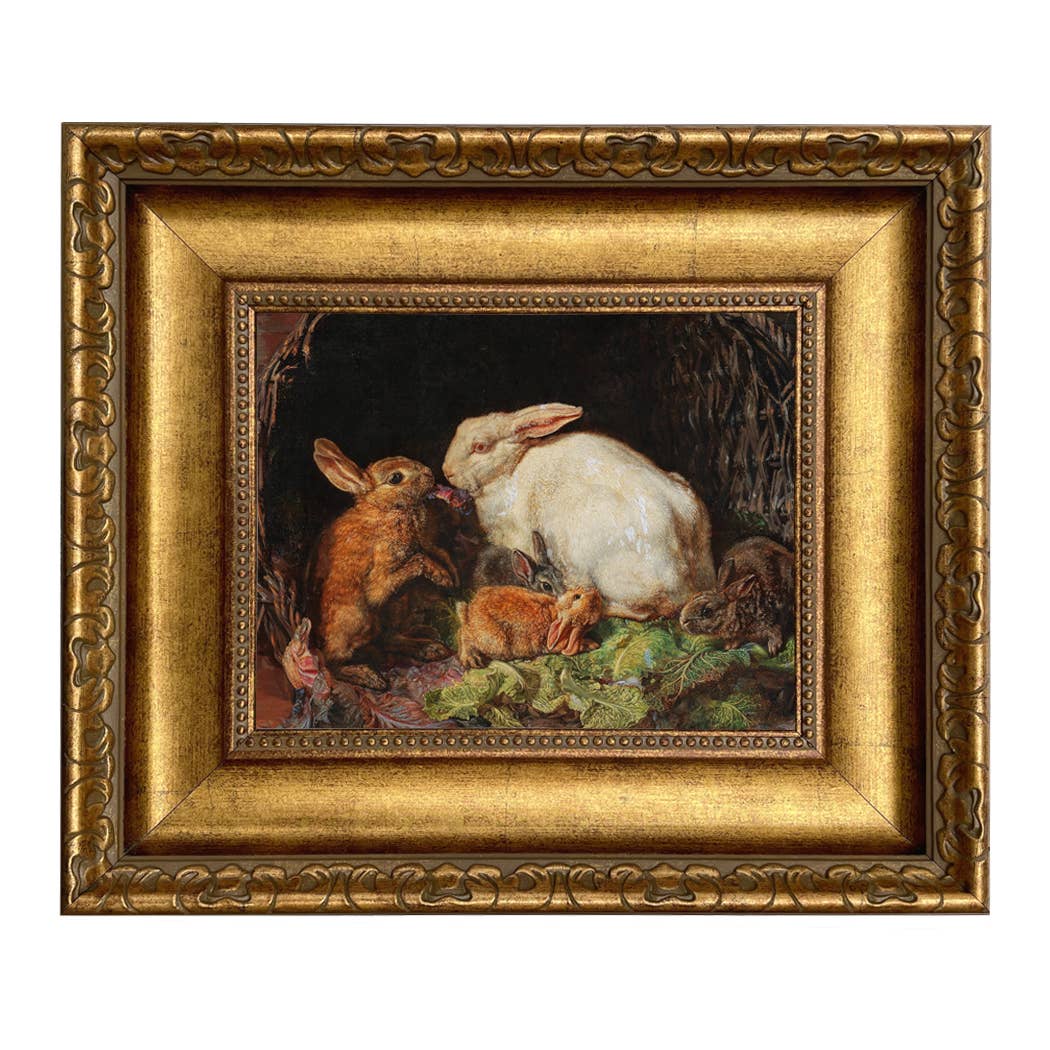 Hares and Young Framed Oil Painting Print on Canvas: Antiqued Gold / 5" x 6"