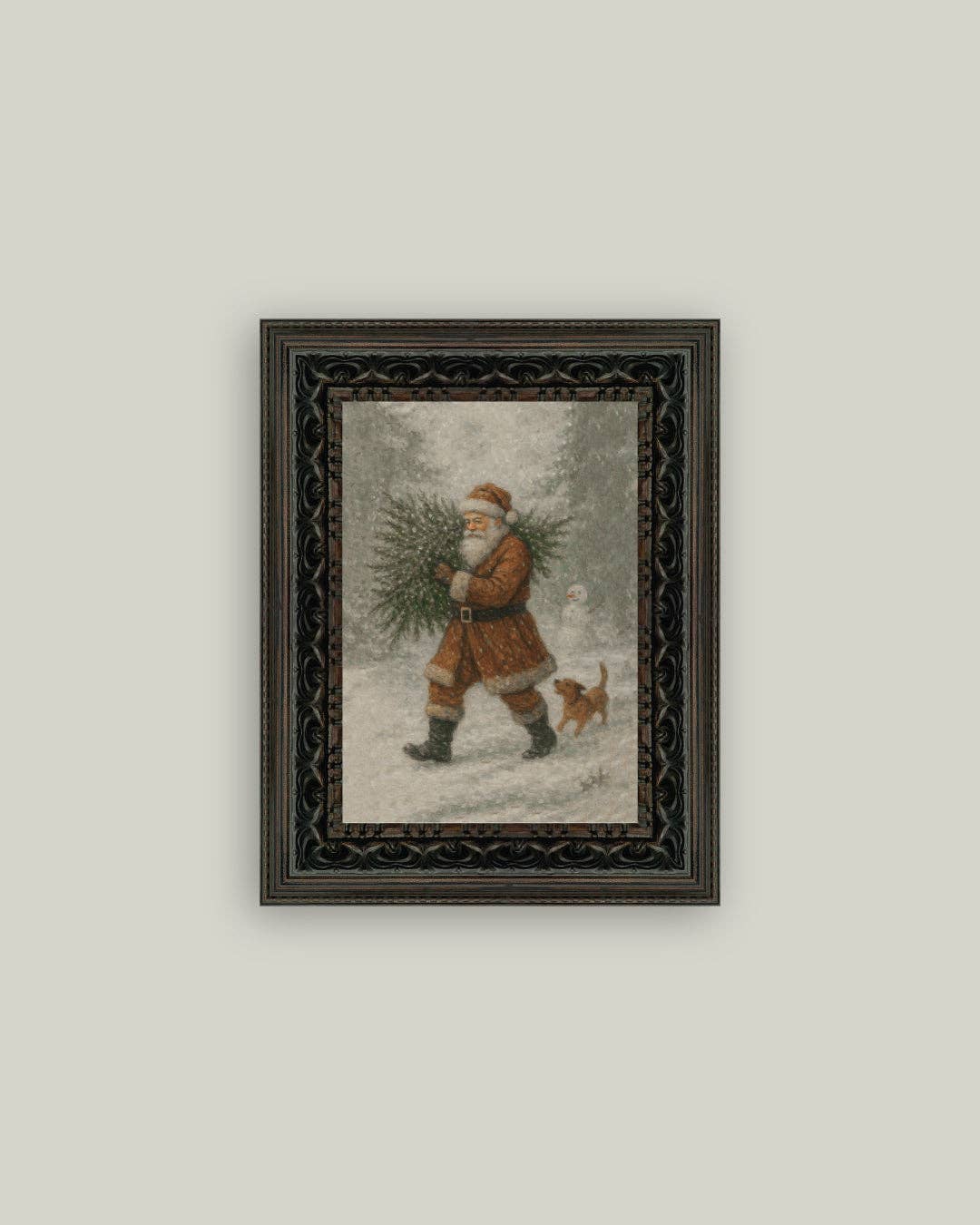 Santa with Tree Framed Antique Art: 5x7