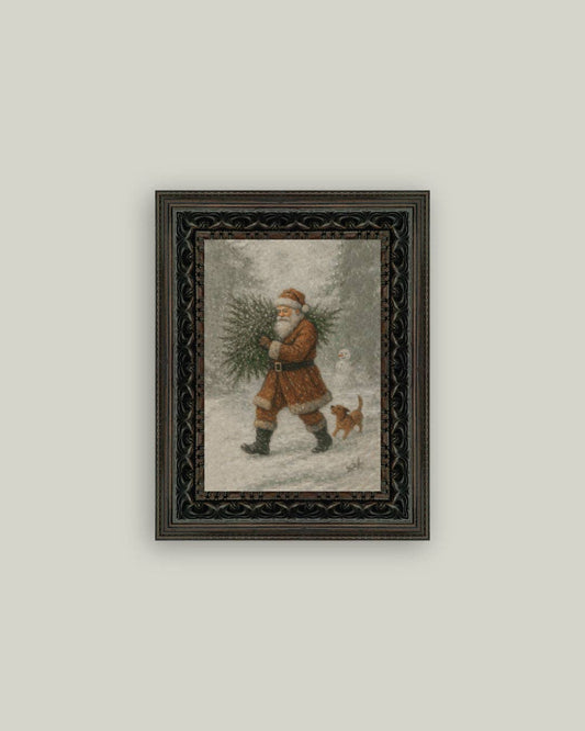Santa with Tree Framed Antique Art: 5x7