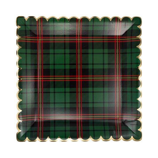 Green Christmas Plaid Square Scalloped Plate