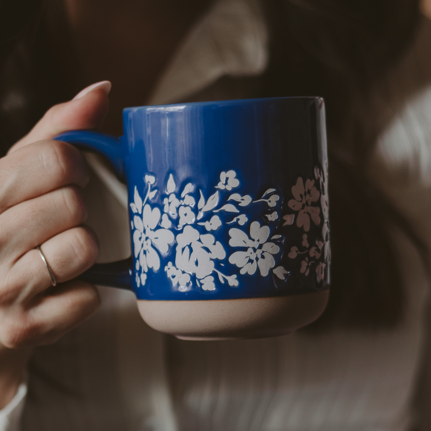 Blue Floral Stoneware Coffee Mug - Spring Home Decor