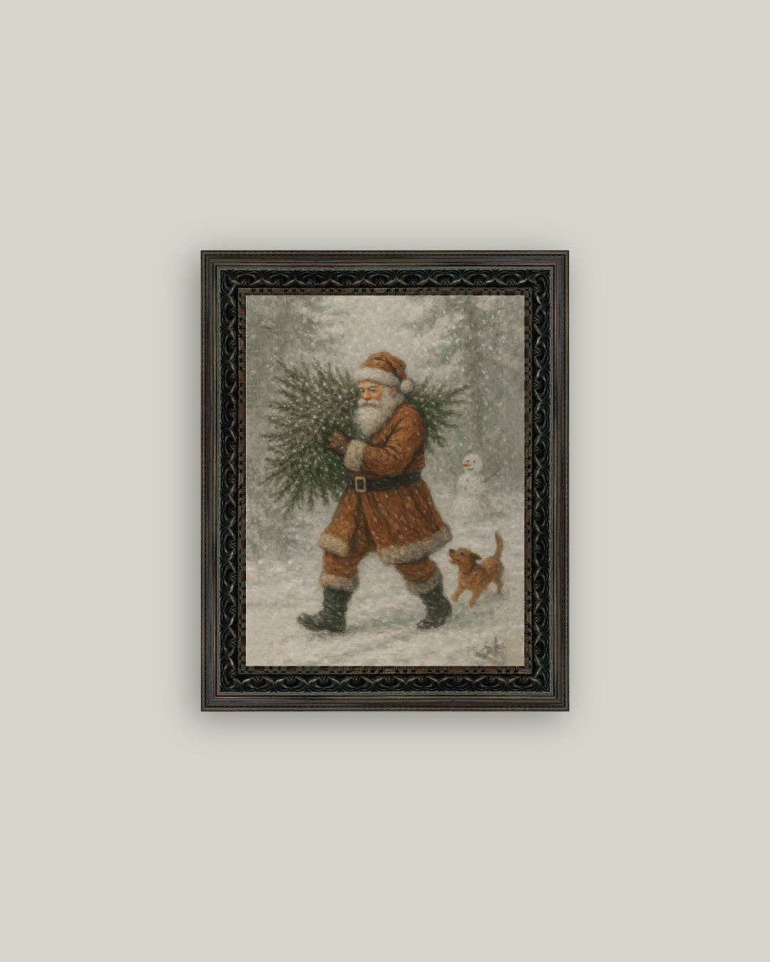 Santa with Tree Framed Antique Art: 5x7