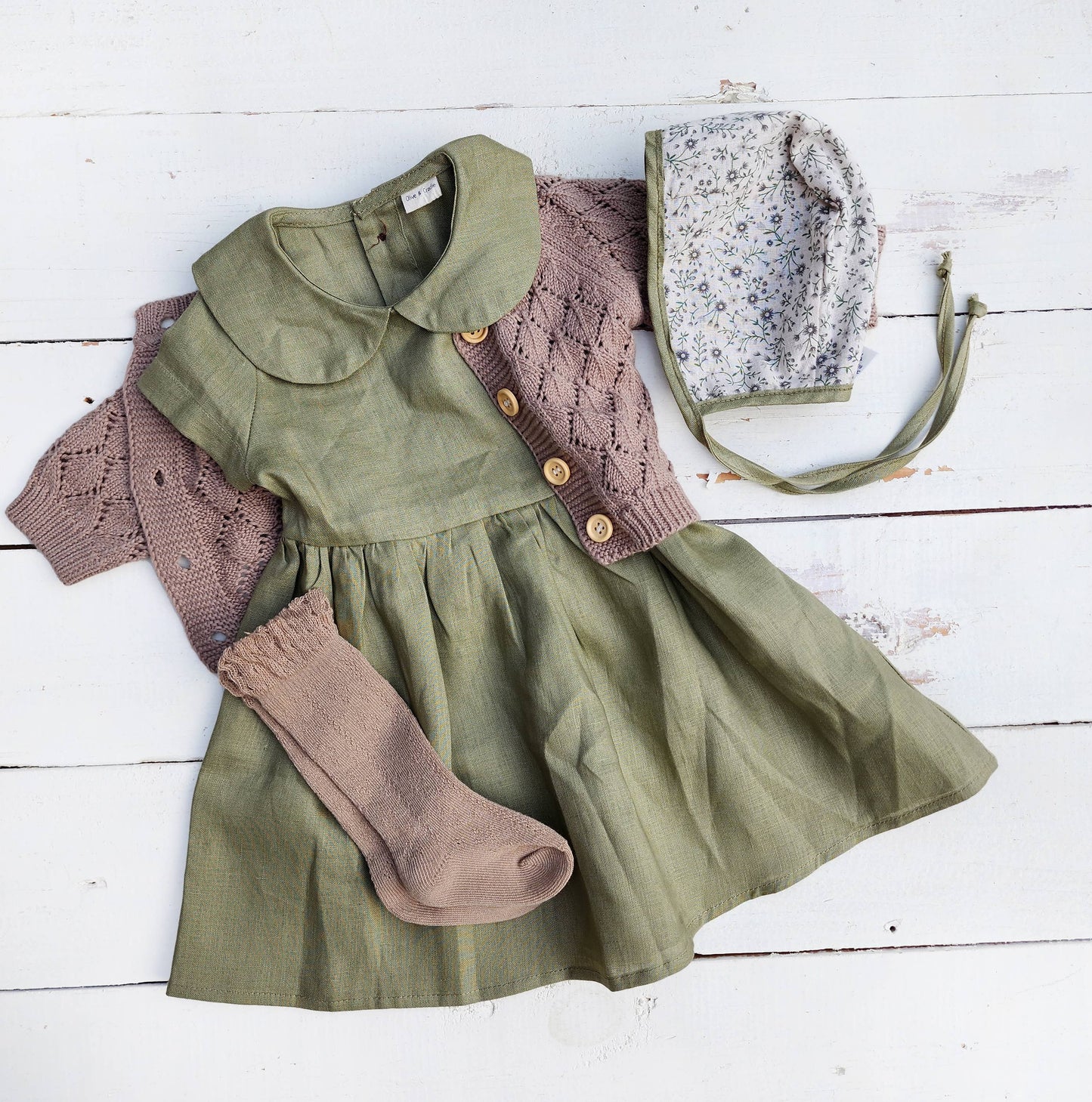 Baby Girl Linen or cotton Peter Pan collar ALLIE DRESS: Floral