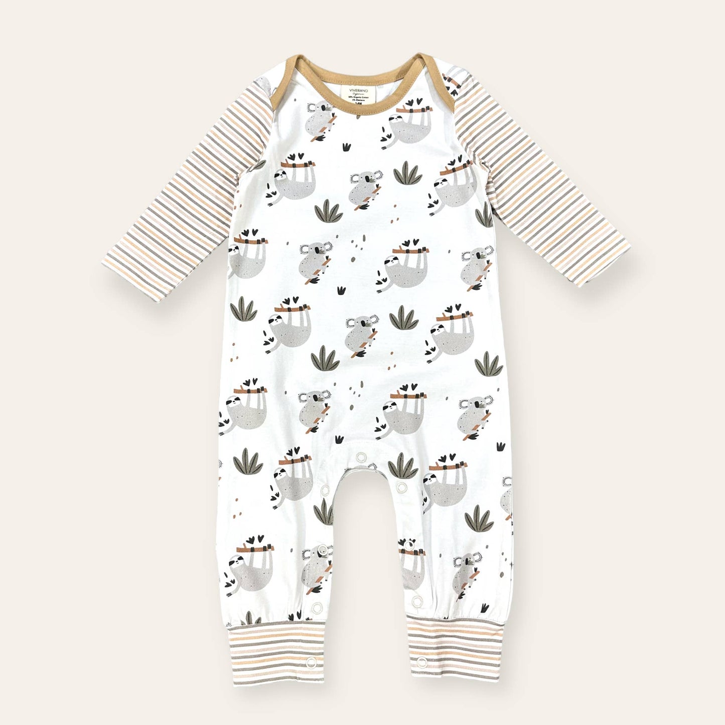 Sloth Koala Raglan Baby Jumpsuit (Organic Cotton): White