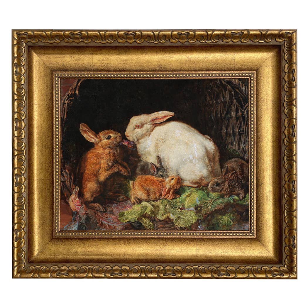 Hares and Young Framed Oil Painting Print on Canvas: Antiqued Gold / 5" x 6"