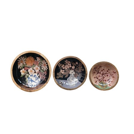 Enameled Mango Wood Bowls w/ Flowers in Vase