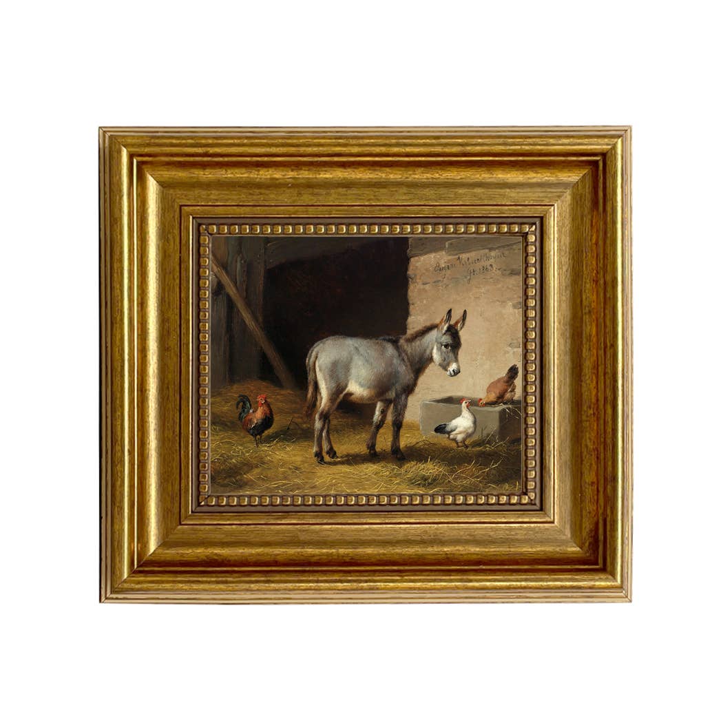Donkey and Chickens Framed Oil Painting Print on Canvas: Antiqued Gold / 5" x 6"
