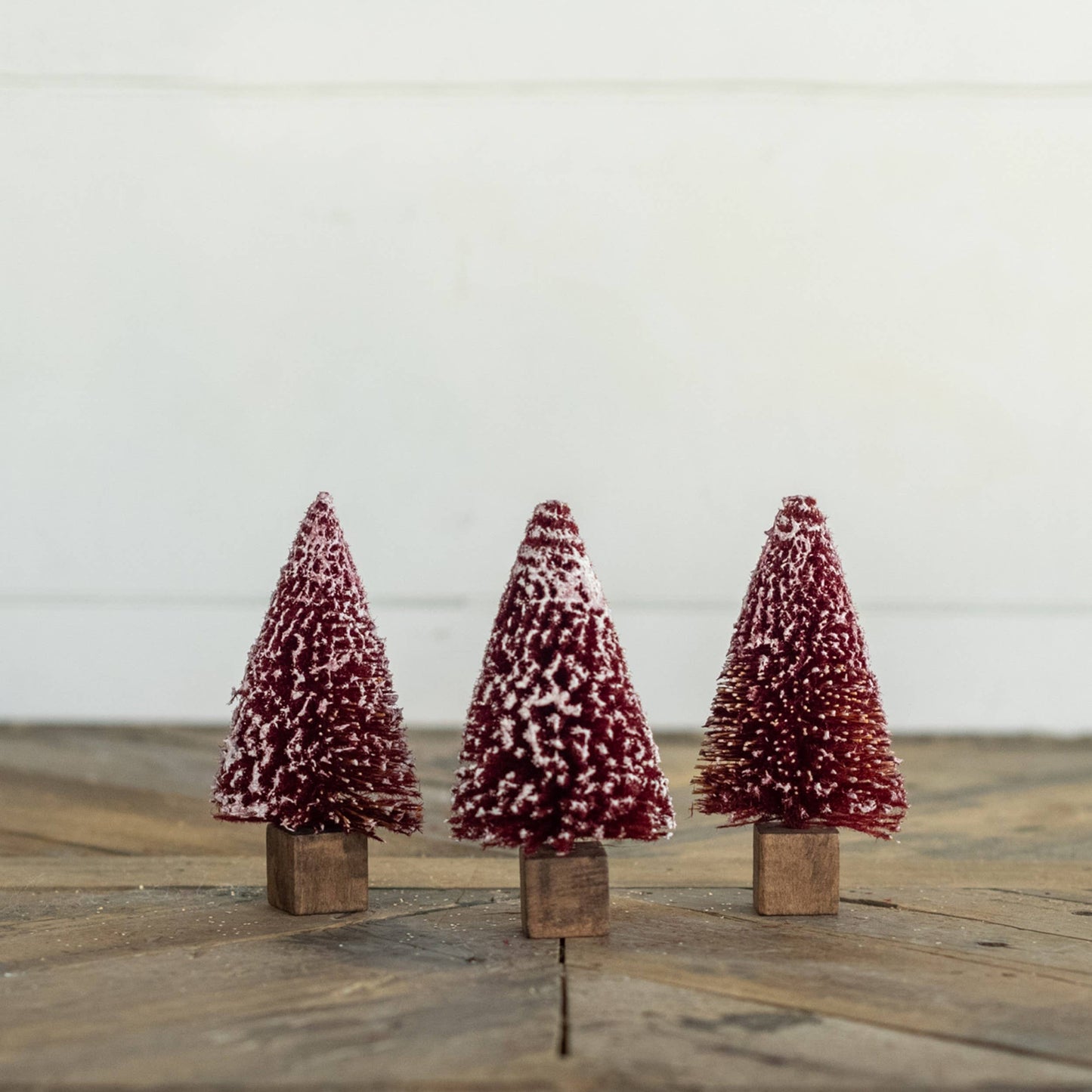 Set of 3 Burgundy Bottlebrush Trees with Snowy Tips