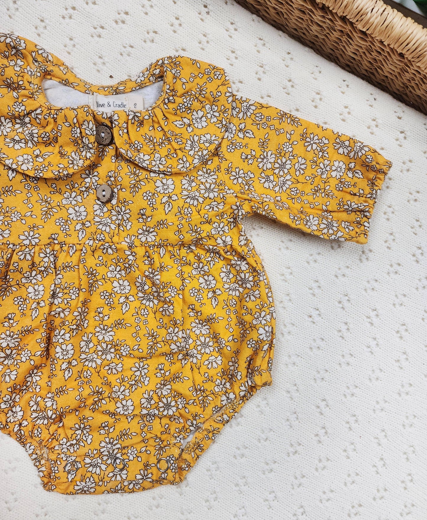 Baby Girls MUSTARD FLORAL Cotton Bubble collar Romper