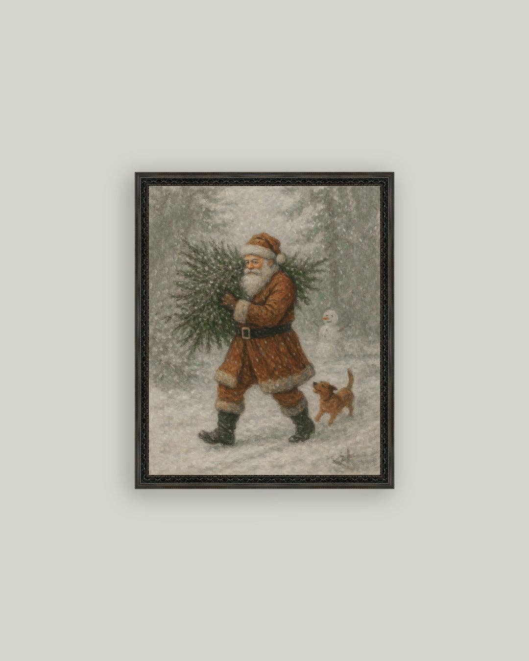 Santa with Tree Framed Antique Art: 5x7