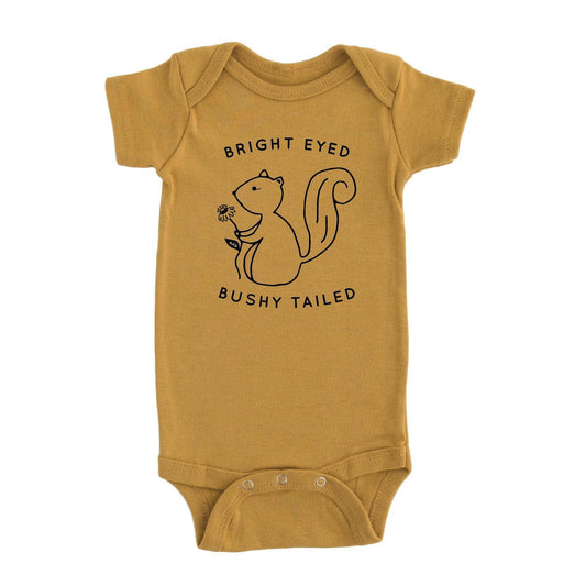 Bright Eyed Bushy Tailed Baby Bodysuit : Mustard