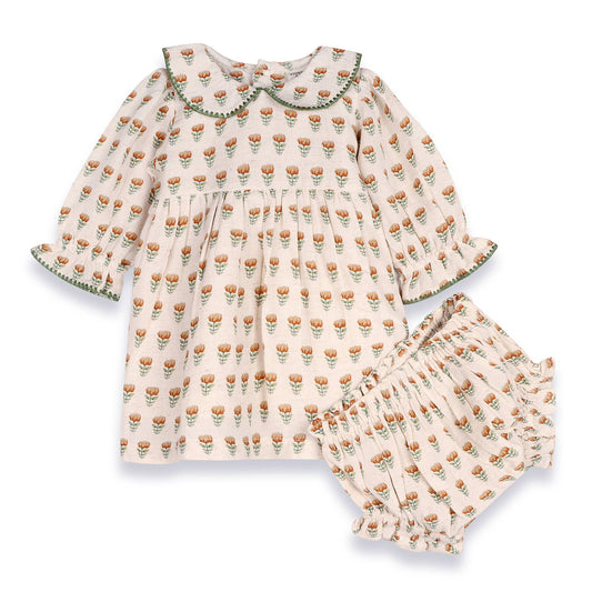Ina Block Print Floral Baby Dress & Bloomer Set (Linen): Mustard Floral
