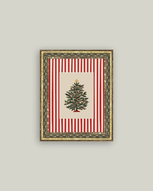 Peppermint Stripe Tree Framed Antique Art: 8x10