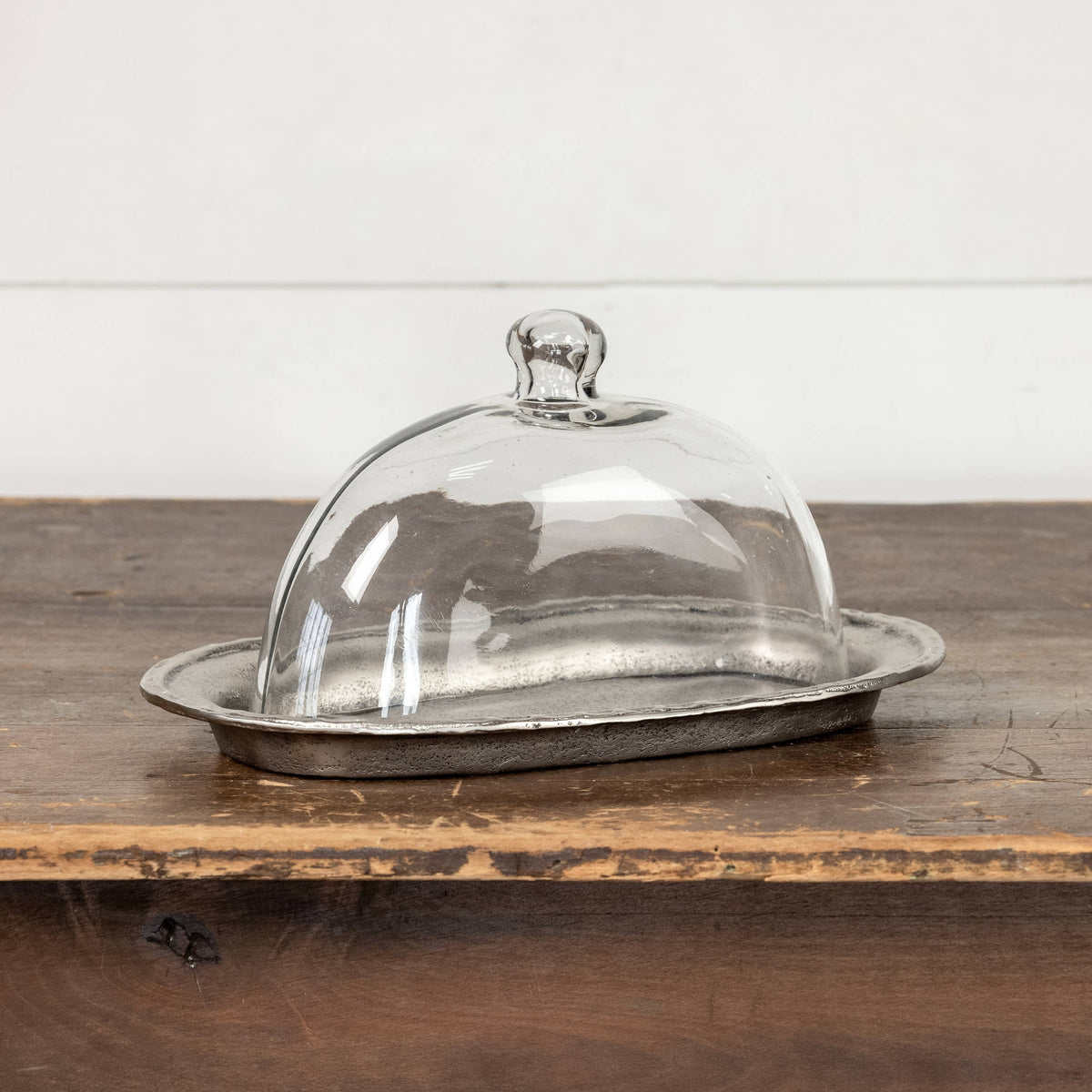 13.75" OVAL PEWTER PLATTER W/ GLASS CLOCHE