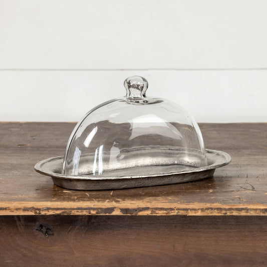 13.75" OVAL PEWTER PLATTER W/ GLASS CLOCHE
