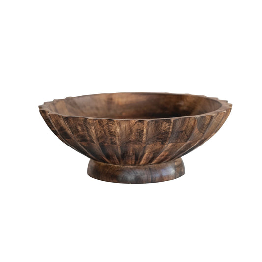 Round Hand-Carved Mango Wood Footed Bowl with Scalloped Edge