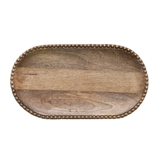 Hand-Carved Mango Wood Tray with Wood Beads