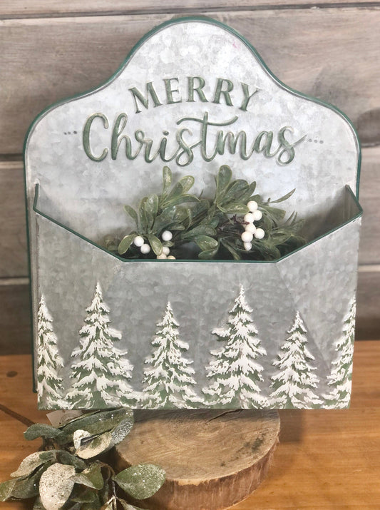 Embossed Metal Mailbox Wall Decor w/ Trees "Merry Christmas"