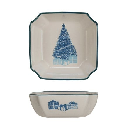 Blue Stoneware Bowl with Christmas Tree