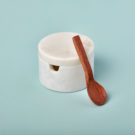 White Marble Lidded Cellar with Wood Spoon